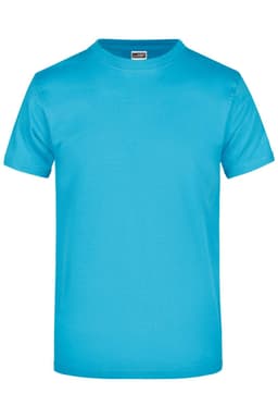 A bright turquoise t-shirt with a classic round neck and short sleeves, featuring a logo.