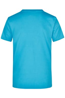 A bright blue t-shirt with a short sleeve and a plain back, featuring a logo.