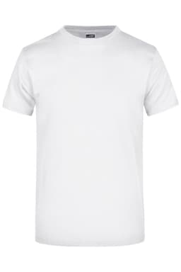 A white short-sleeved T-shirt with a round neckline and a logo on the label.