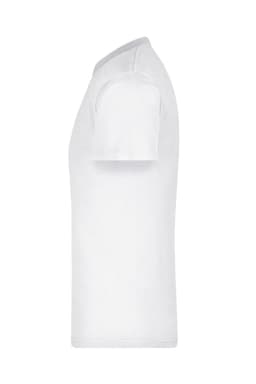 A white t-shirt with short sleeves and a rounded neckline. It has a logo on the front.