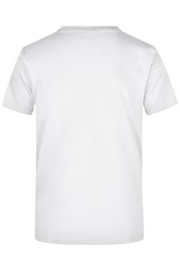 A white t-shirt with short sleeves and a plain back. It features a logo on the back.