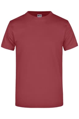 A plain red t-shirt with short sleeves and a round neckline, featuring a logo on the label.