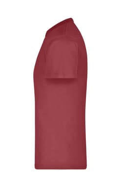 A red t-shirt displayed from the side, featuring a simple design and a subtle branding logo.