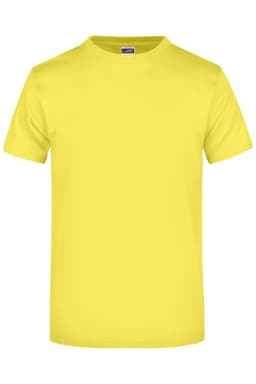 A bright yellow T-shirt with a standard crew neck and short sleeves, featuring a branding logo.