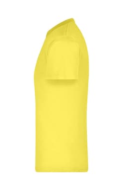 A side view of a bright yellow t-shirt with a short sleeve design and a brand logo.