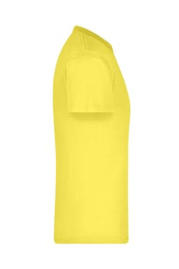 A yellow t-shirt with a round neckline and short sleeves, featuring a logo.