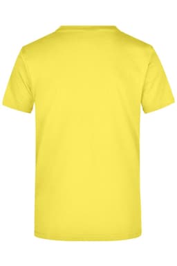A yellow T-shirt with a standard crew neck and short sleeves, featuring a branding logo.
