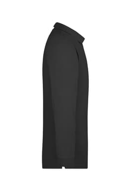 A long-sleeved black polo shirt with a collar, featuring a branding logo.