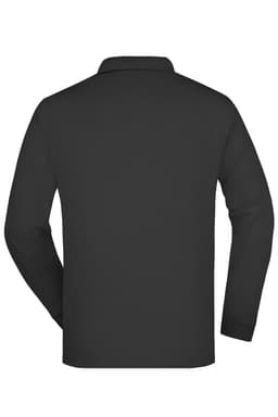 A black long-sleeve polo shirt with a collar and no visible branding. The back view shows the shirt’s smooth fabric.