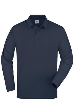 A long-sleeved navy polo shirt with a collar and three-button placket, featuring a logo.