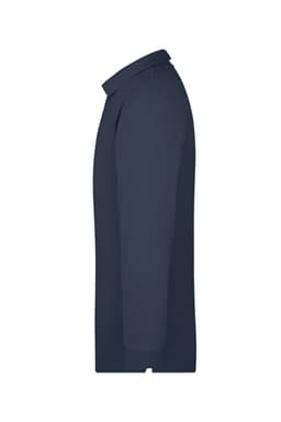 A navy long-sleeve polo shirt with a collar and a logo brand attachment on the side.