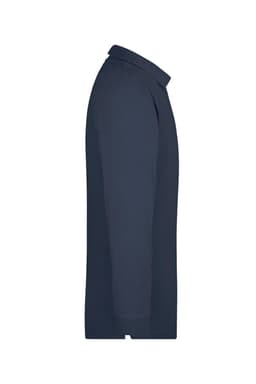 A navy long-sleeve polo shirt showcased from the side, featuring a collar and a branding logo.