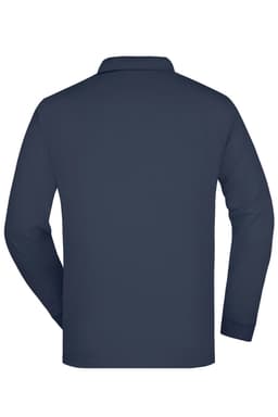 A navy blue long-sleeve polo shirt with a logo on the back.
