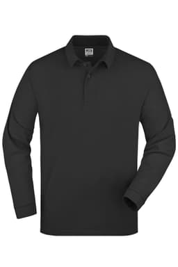 A black long-sleeve polo shirt featuring a collar and three-button placket, with a logo on the chest.