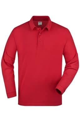 A red long-sleeve polo shirt featuring a collar and a button placket, with a logo on the chest.