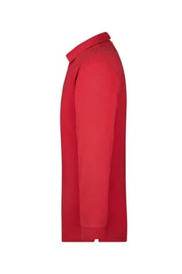 A red long-sleeved polo shirt displayed from the side, featuring a collar and a logo.
