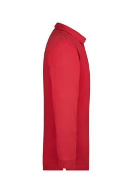 A red long-sleeve polo shirt with a collar and a logo on the chest.