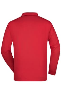 A long-sleeve polo shirt in red with a collared neckline and a simple back design, featuring a logo.