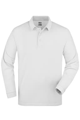 A long-sleeve white polo shirt featuring a collar and a placket with buttons. It has a logo on the chest.