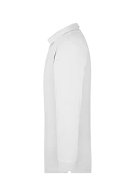 A white long-sleeve polo shirt displayed from the side, featuring a collar and a logo on the chest.