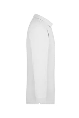A white long-sleeve polo shirt with a collar and branding on the side.