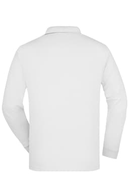 A white long-sleeve polo shirt featuring a classic collar and a logo on the back.