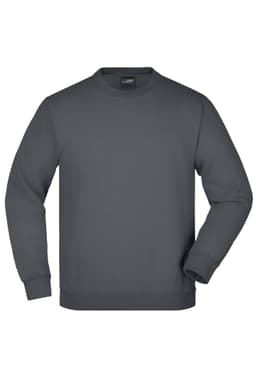 A round neck, long-sleeved jumper in dark grey, featuring a logo on the chest.