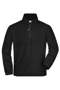 A black half-zip fleece jacket with long sleeves and a zippered collar. It features a logo on the front.