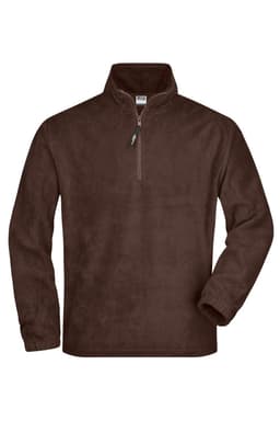 A brown half-zip fleece jacket with long sleeves and a zippered neckline. It features a logo on the chest.