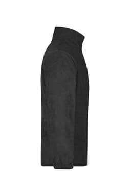 A black half-zip fleece jacket with a high collar and a side view design. It features a logo.