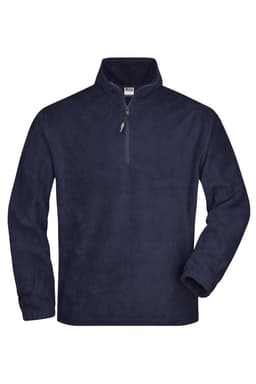 A navy half-zip fleece jacket with long sleeves and a zippered collar, featuring a logo.
