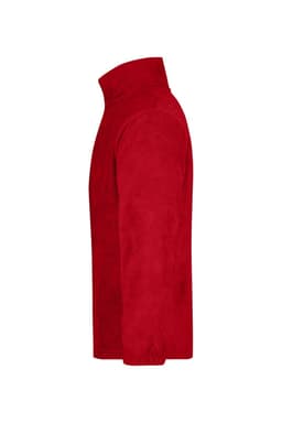 A red half-zip polar fleece jacket with a high collar and long sleeves. It features a logo.