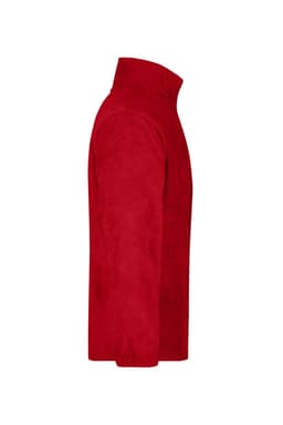A red polar fleece jacket with a half-zip design and a high collar, featuring a logo.