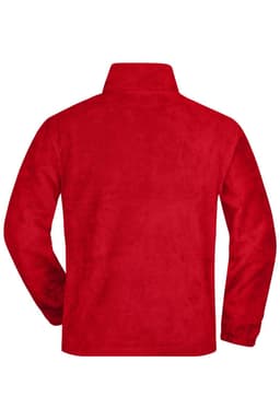 A red half-zip fleece jacket with a high collar and long sleeves, featuring a logo on the back.