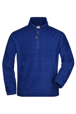 A blue half-zip fleece jacket made of soft polar fleece fabric, featuring long sleeves and a zip collar.