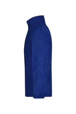 A blue half-zip fleece jacket features a high collar and long sleeves. It has a branding logo on the garment.