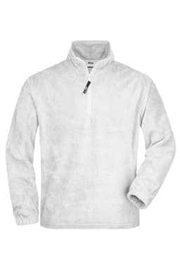 A white half-zip fleece jacket with long sleeves and a collar, featuring a logo on the chest area.
