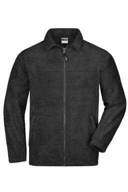 A black full-zip fleece jacket with long sleeves and a zippered front, featuring a subtle logo.