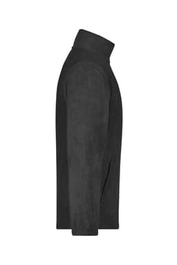 A black full-zip fleece jacket featuring a high collar and a smooth texture, with a logo present.