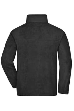 A black full-zip fleece jacket with a collar and no visible branding, viewed from the back.