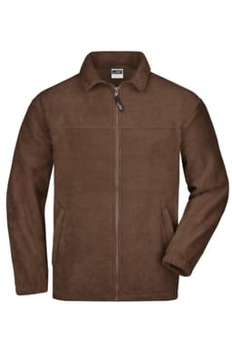 A brown full-zip fleece jacket featuring a collar and two side pockets, with a logo on the upper left side.