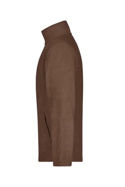 A brown full-zip polar fleece jacket with a collar and side pockets, featuring a logo.