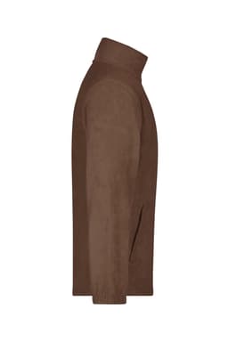 A brown full-zip fleece jacket with a high collar and side pockets, featuring a logo.