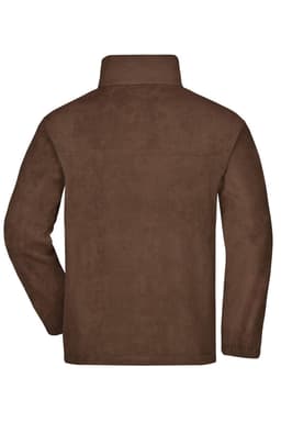 A brown full-zip fleece jacket showcasing a simple design and a collar, featuring a logo on the back.