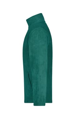 A full-zip fleece jacket in deep green, featuring a high collar and a smooth, soft texture. It has a logo.