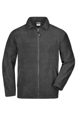 A full-zip polar fleece jacket in dark grey with a front zipper and side pockets, featuring a logo.