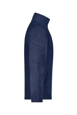 A navy blue full-zip fleece jacket with a high collar, featuring a logo on the side.