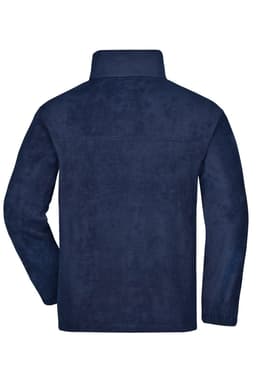 A navy full-zip fleece jacket featuring a collar and a streamlined design, with a logo on it.