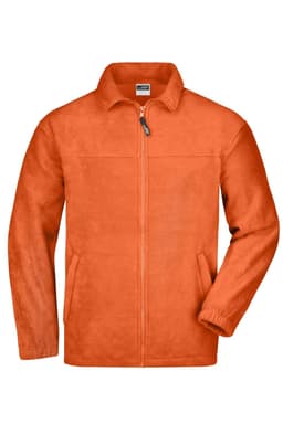 An orange polar fleece jacket with a full zip and two front pockets, featuring a branding logo.