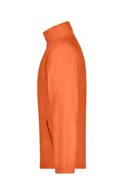 An orange full-zip fleece jacket with a side profile view, featuring a collar and pockets.